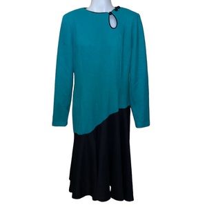 Vintage SABINO Petites Green/Black Dress~80s/90s~See Measurements